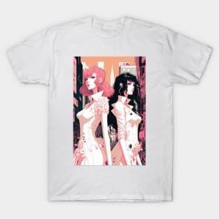 Pink and Black - Cyberpunk Illustrated Portrait Two Women Posing in Front of a Bustling Cityscape T-Shirt